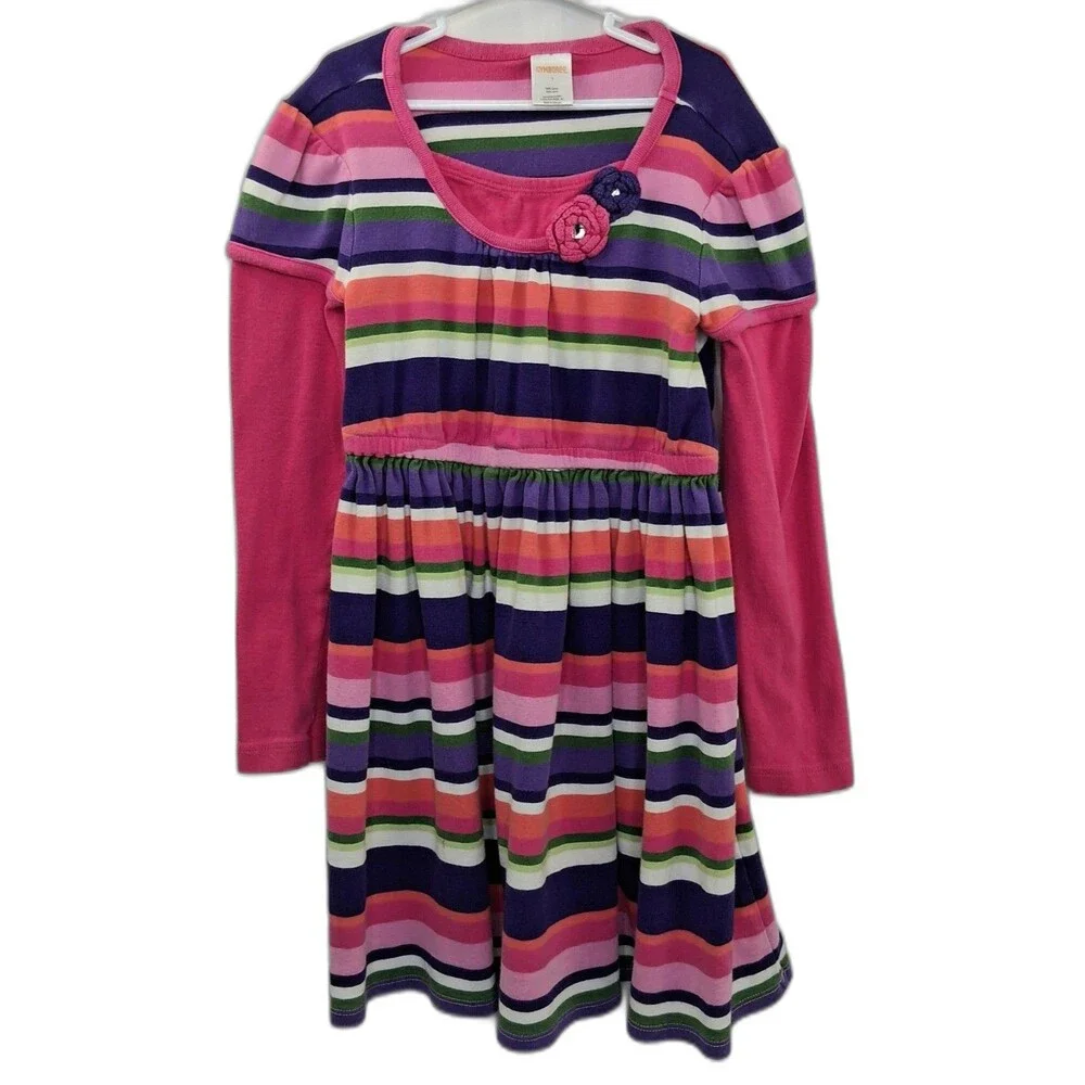 Gymboree Falling For Feathers Striped Dress Size 7 Colorful 3D Flowers